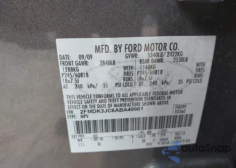 2010 Ford Edge Sel z USA, uszkodzony, nr VIN 2FMDK3JC6ABA49981